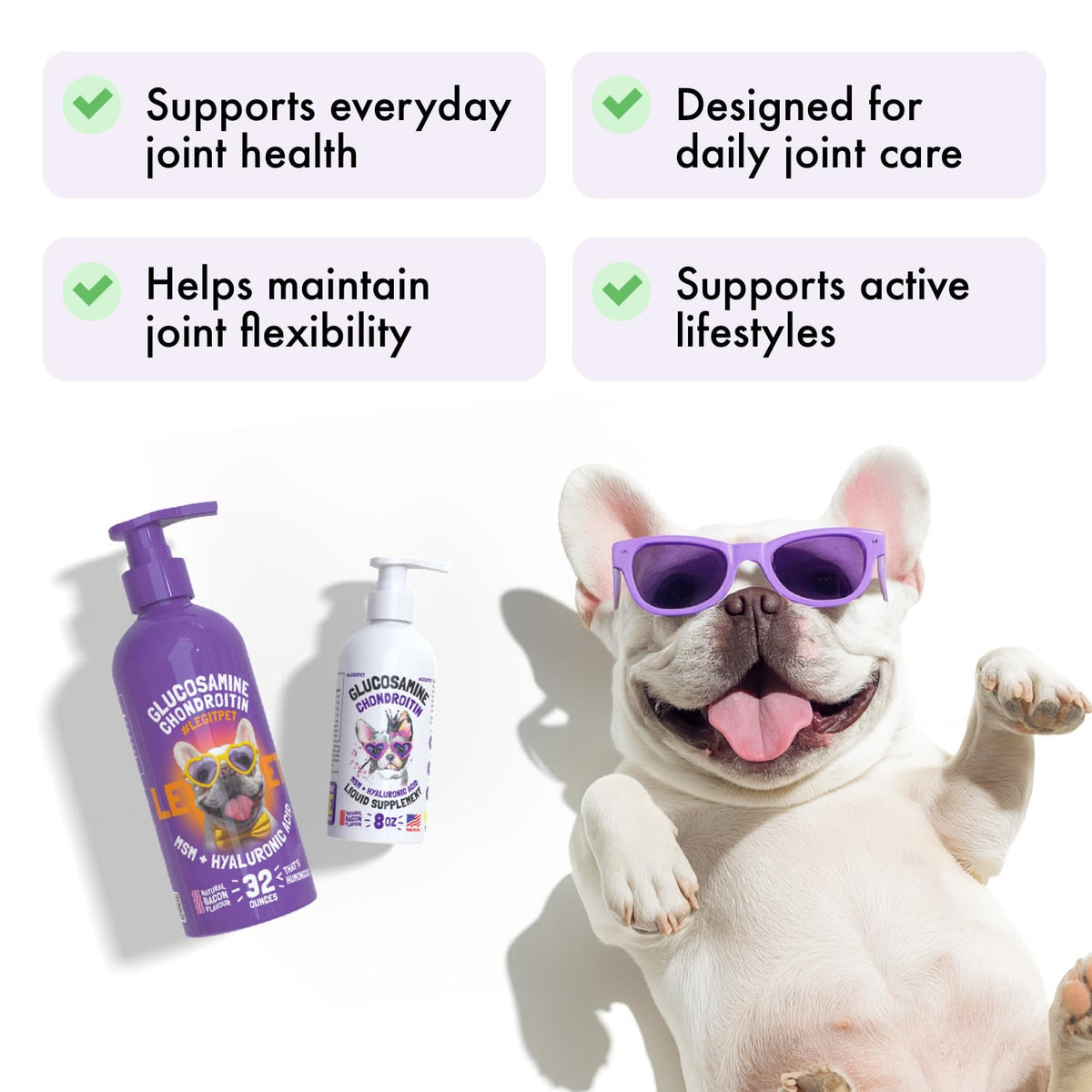 Liquid Glucosamine Chondroitin MSM Hyaluronic Acid Bacon Flavor Dog Supplement 32 oz V49144