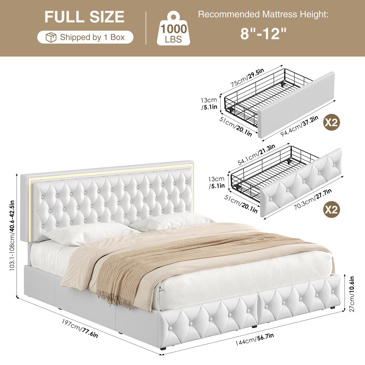 White Full Size LED Bed Frame with 4 Storage Drawers and Adjustable Headboard V934