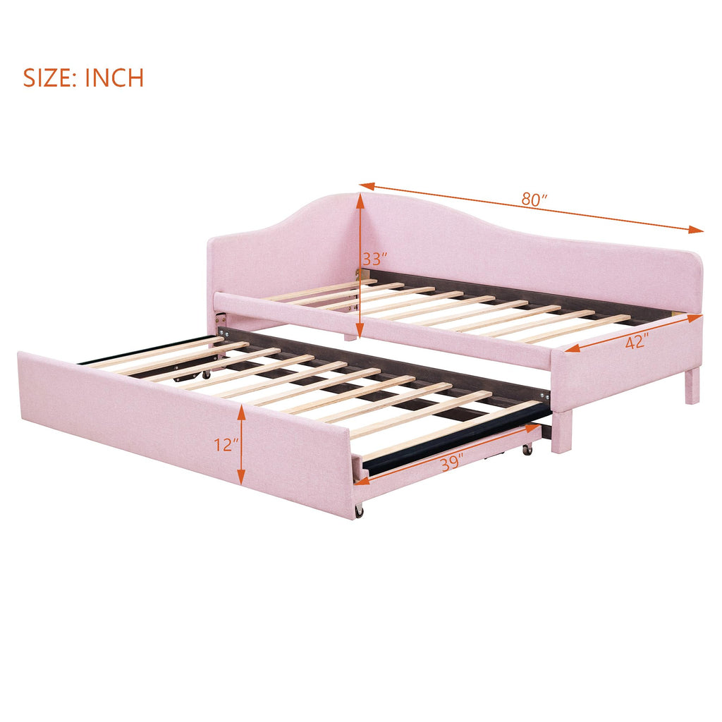 Pink Linen Upholstered Daybed with Pop Up Trundle K2790