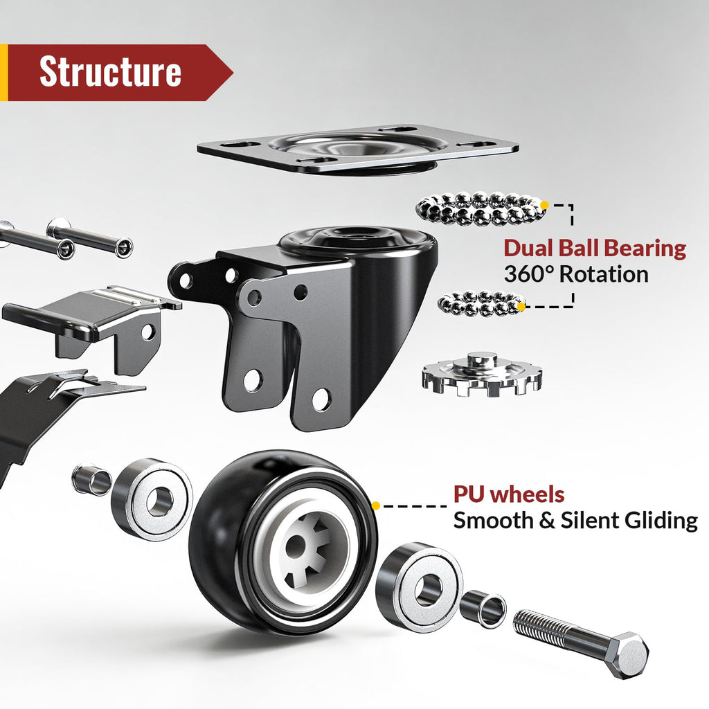 2 Inch Heavy Duty PU Caster Wheels, Set of 4 V667