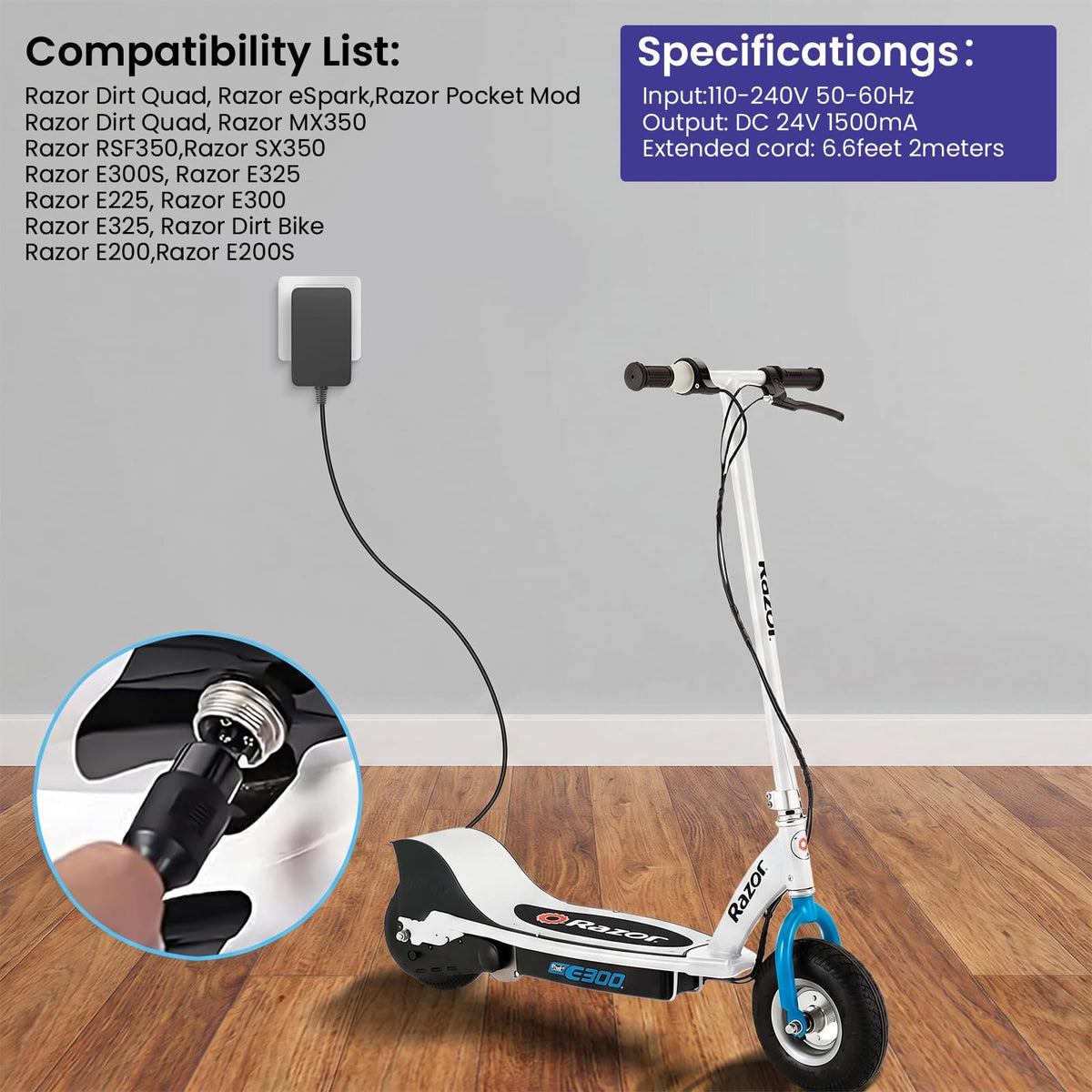 24V Electric Scooter Charger 3-Prong Inline Female Power Cord A82140