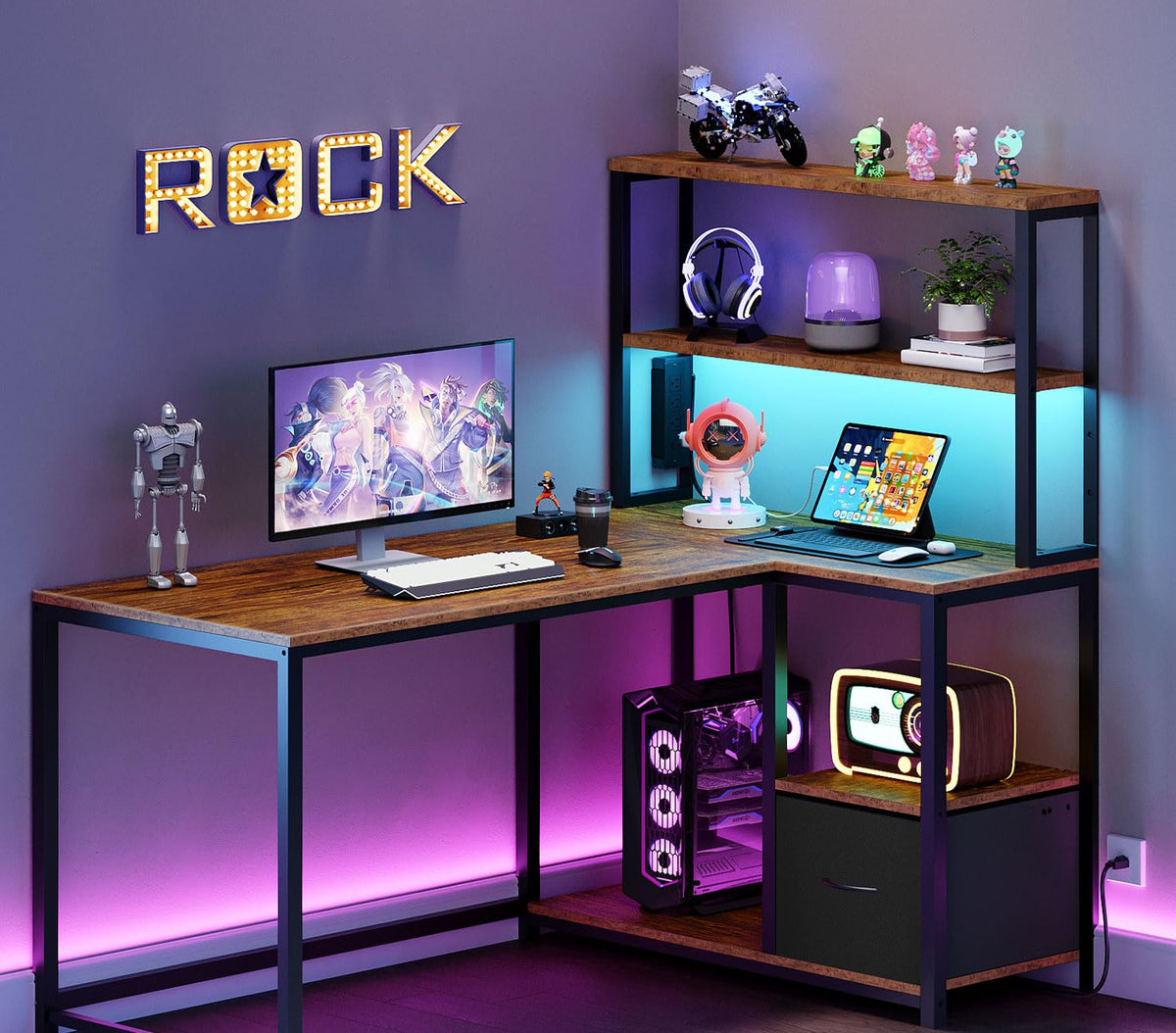 46 Inch Reversible Computer Desk with LED Light & Power Outlet H8917