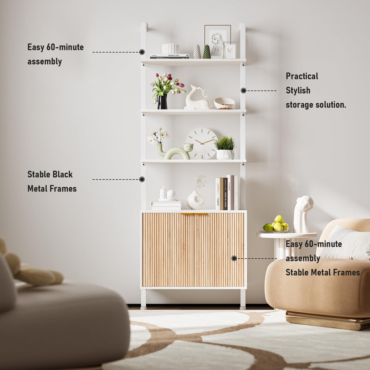 74" Tall White and Oak Bookshelf with Storage Cabinet D75407