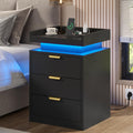 Black 3 Drawer LED Nightstand with Charging Station F836