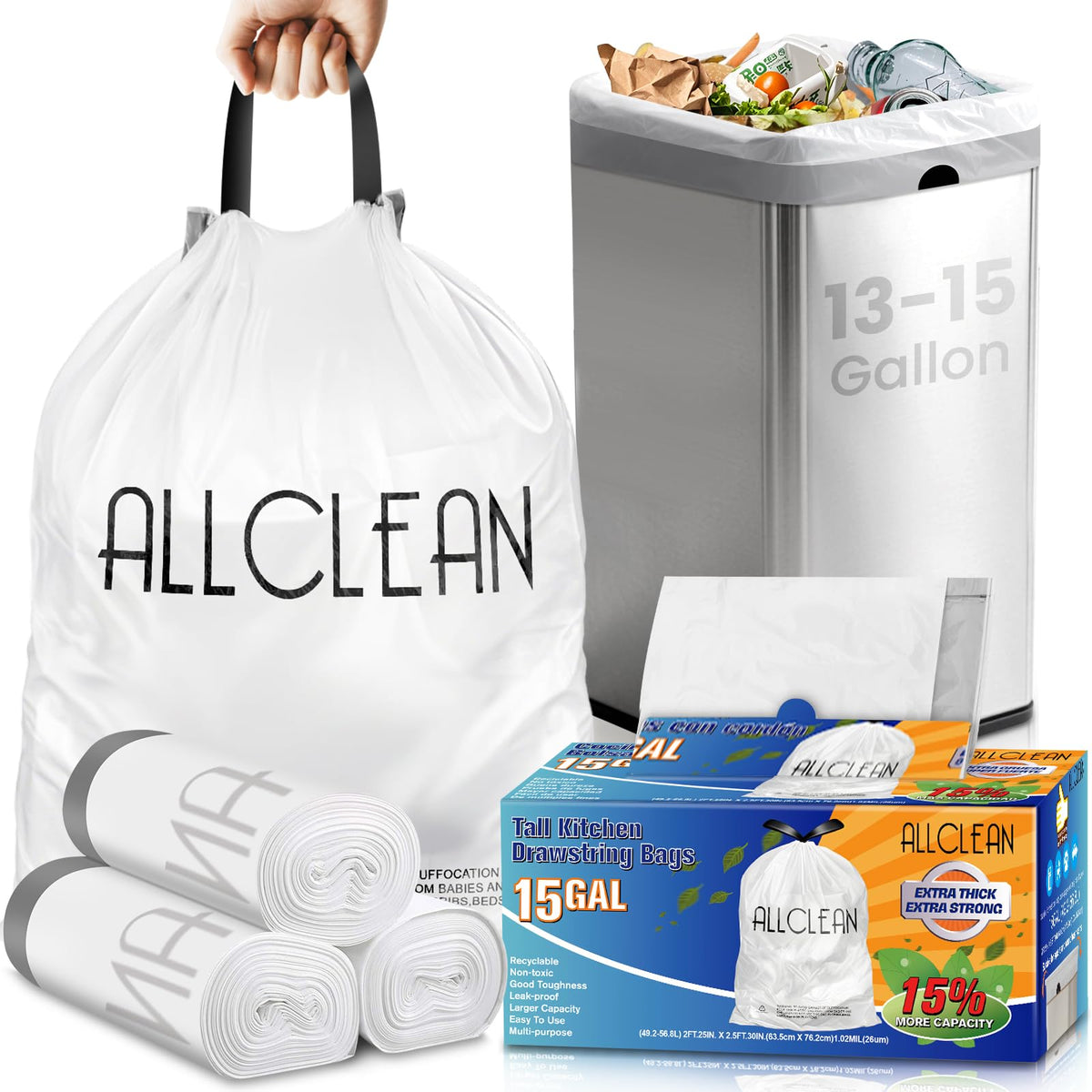 15 Gallon Drawstring Tall Kitchen Trash Bags K213095