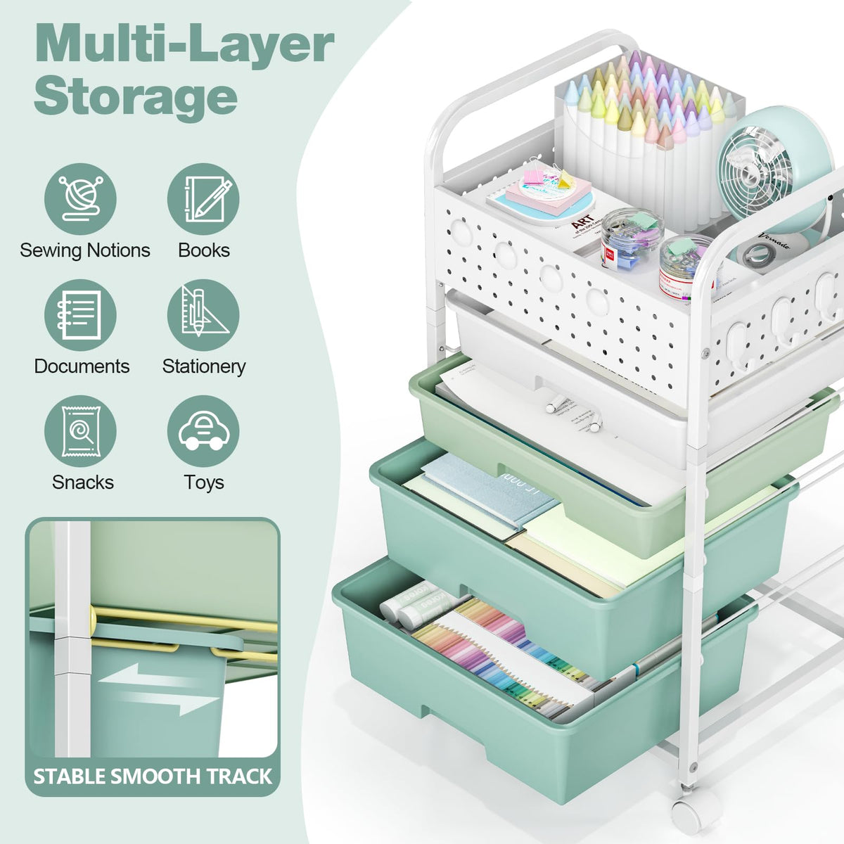 4 Drawer Rolling Storage Cart with Pegboard Top and Hooks J6416