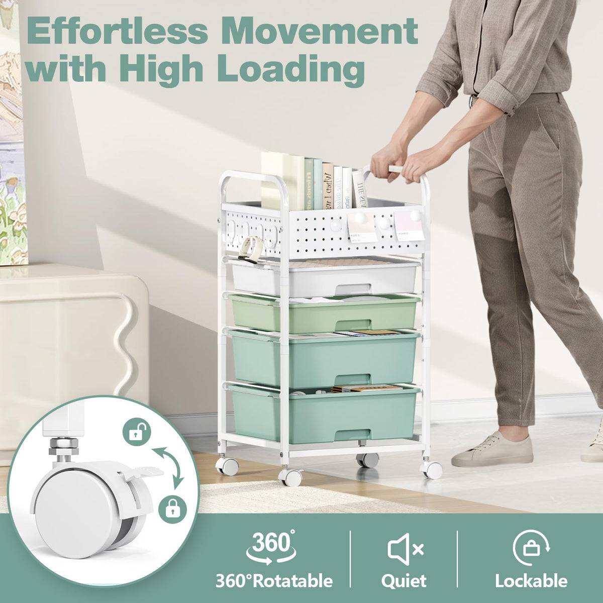 4 Drawer Rolling Storage Cart with Pegboard Top and Hooks J6416