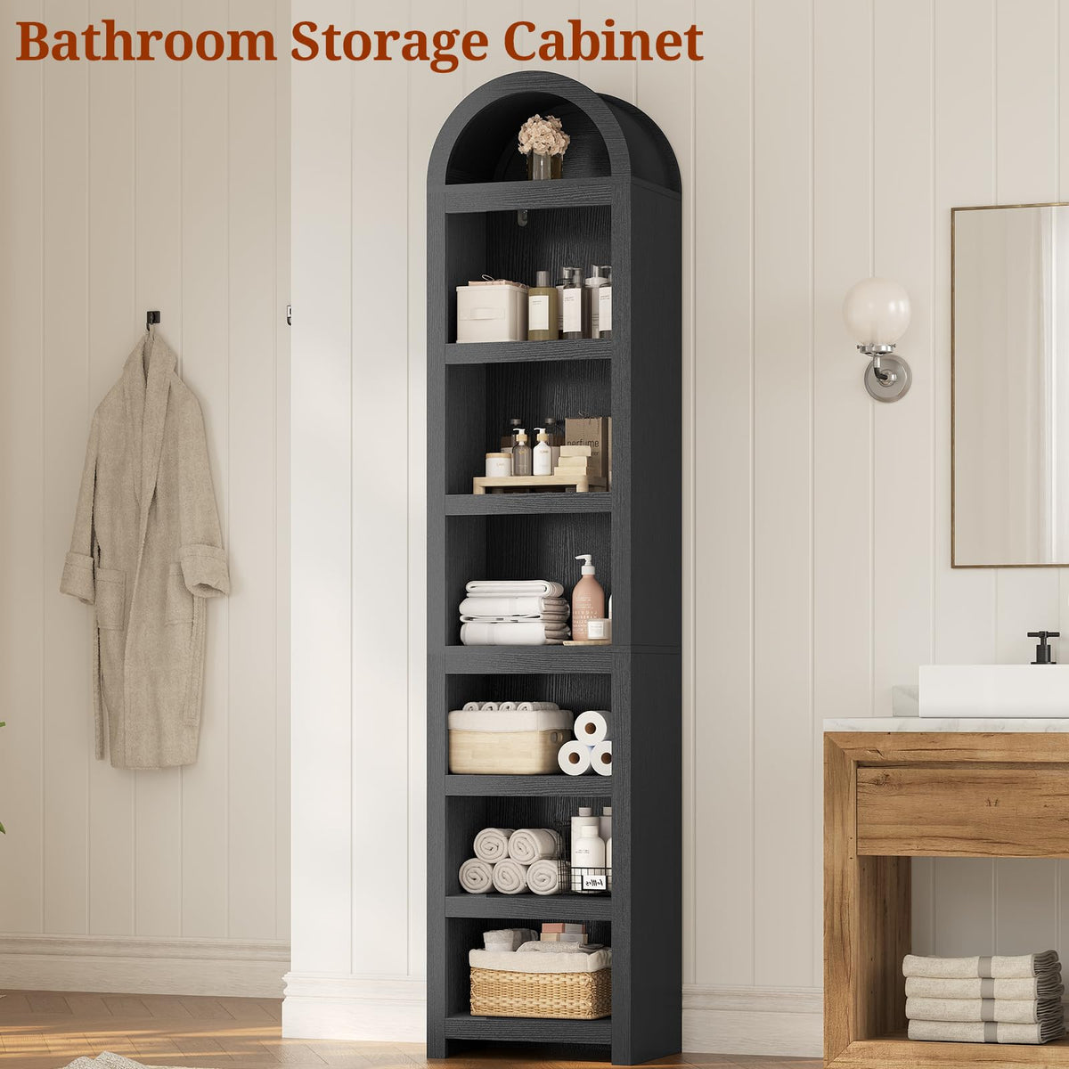 76" Tall Narrow Arched Bookcase, 7-Tier Adjustable Shelves, Black G658895