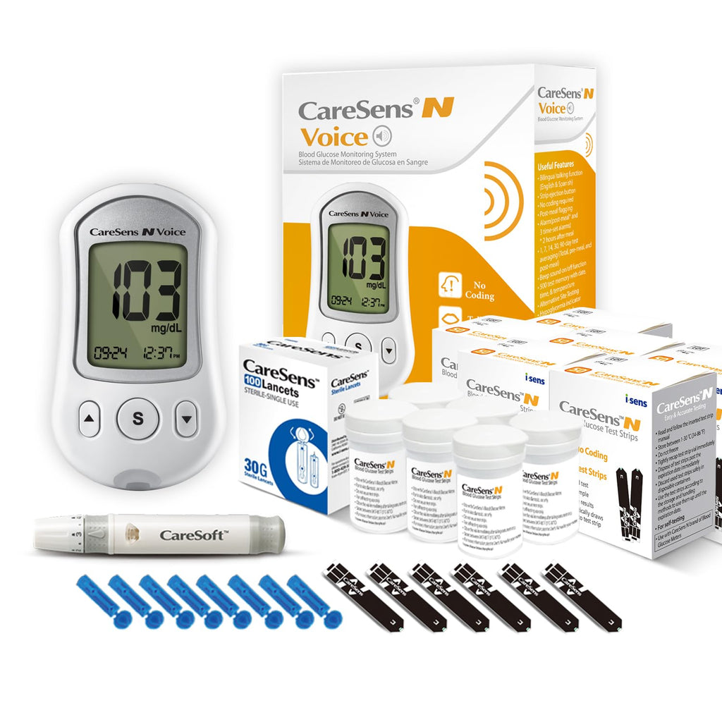 Blood Glucose Monitoring System with Talking Meter, 300 Test Strips, 100 Lancets, Lancing Device and Carrying Case V5459