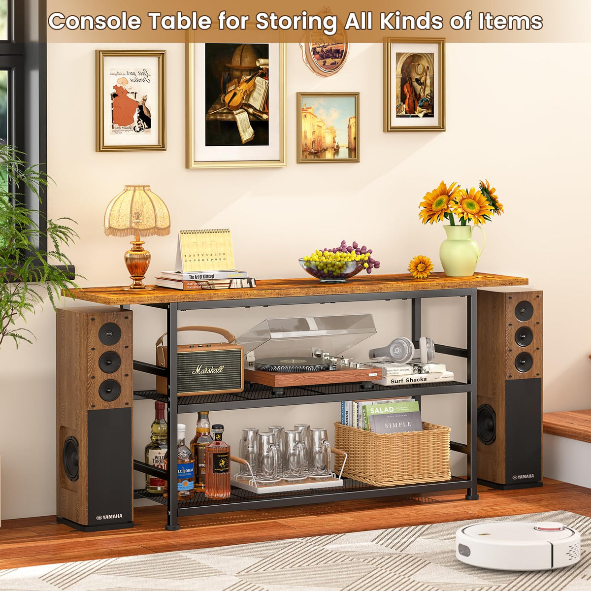 Rustic Brown TV Stand up to 55 Inch with 3 Tier Storage Shelves Q9410