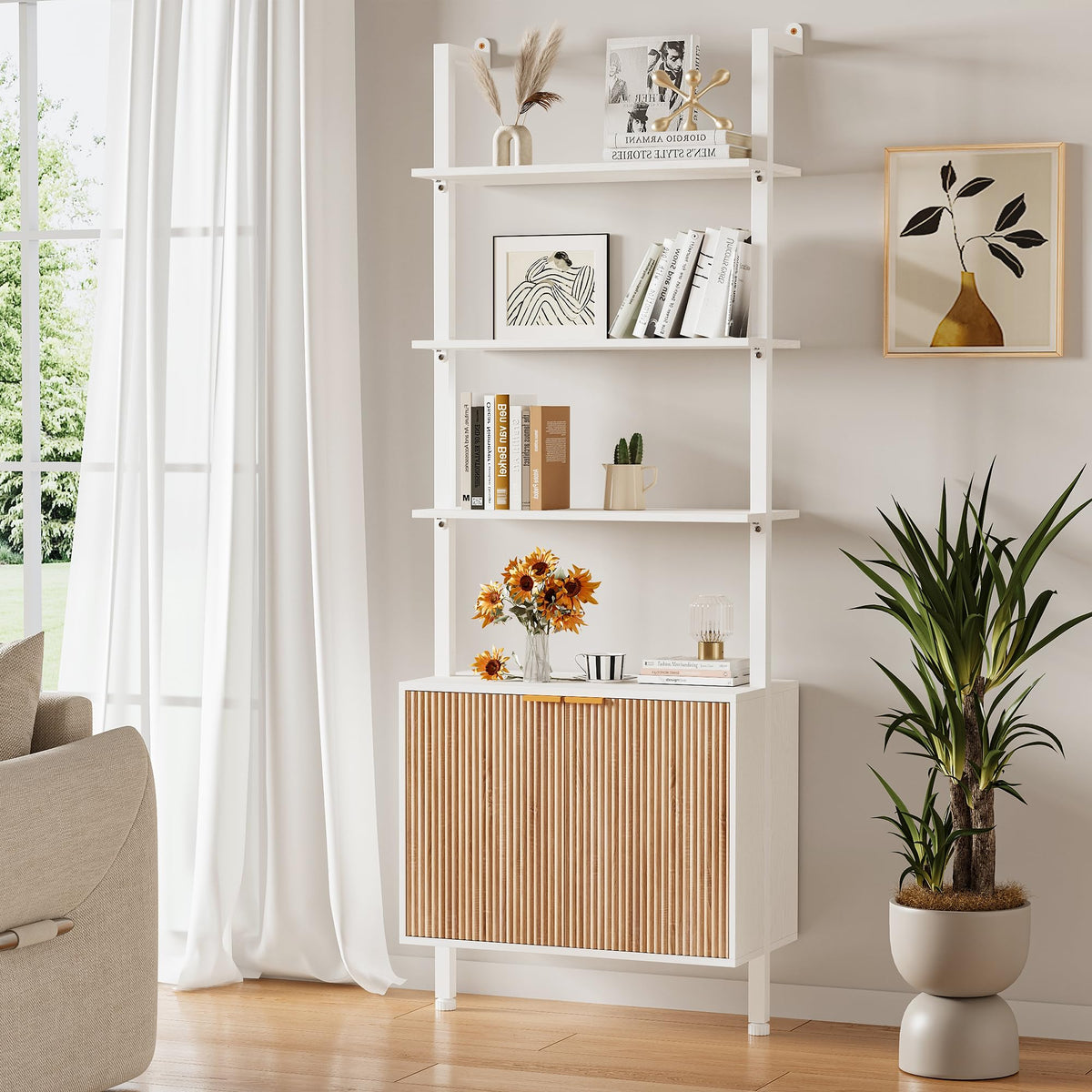 74" Tall White and Oak Bookshelf with Storage Cabinet D75407