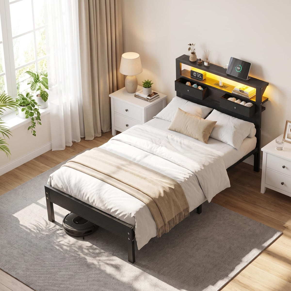 Twin Size Bed Frame with Storage Headboard and 2 Drawers V558