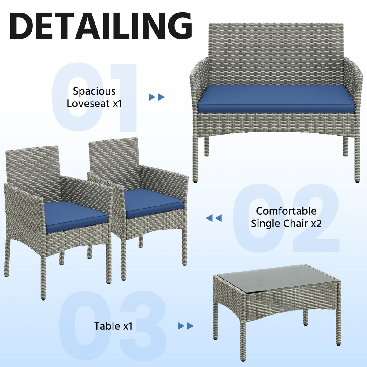 4 Pieces Rattan Wicker Patio Furniture Set with Cushion and Glass Table G7561