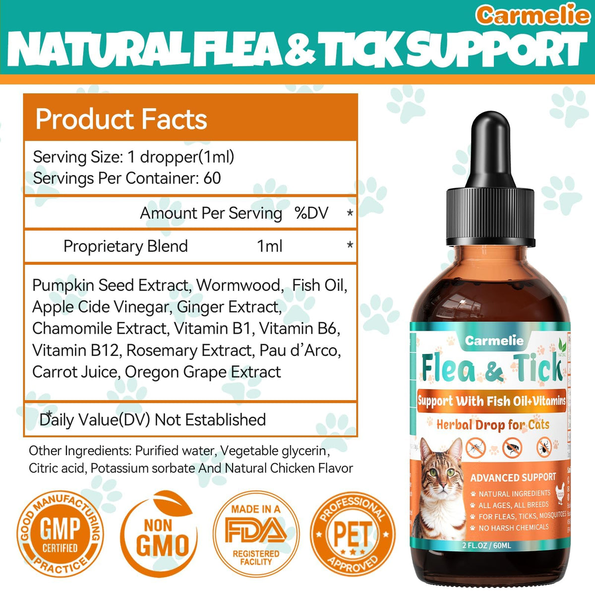 Flea and Tick Prevention for Cat with Vitamins Fish Oil 2 fl oz K6050