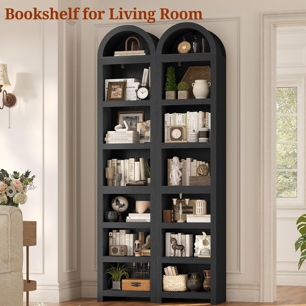 76" Tall Narrow Arched Bookcase, 7-Tier Adjustable Shelves, Black G658895