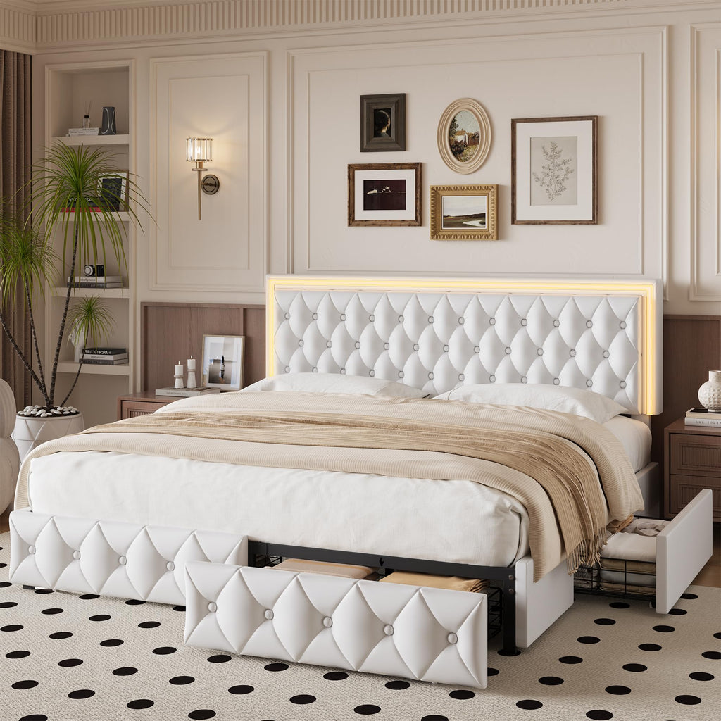 White Full Size LED Bed Frame with 4 Storage Drawers and Adjustable Headboard V934