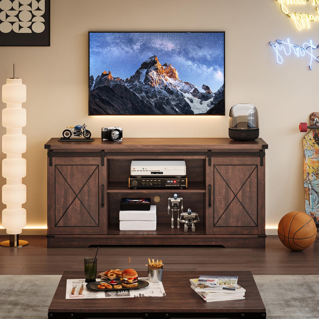 Brown Farmhouse TV Stand with Sliding Barn Doors and Storage Cabinets W564043