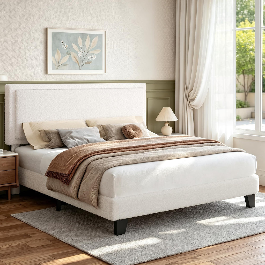 White Queen Size Upholstered Platform Bed Frame with Adjustable Headboard C438