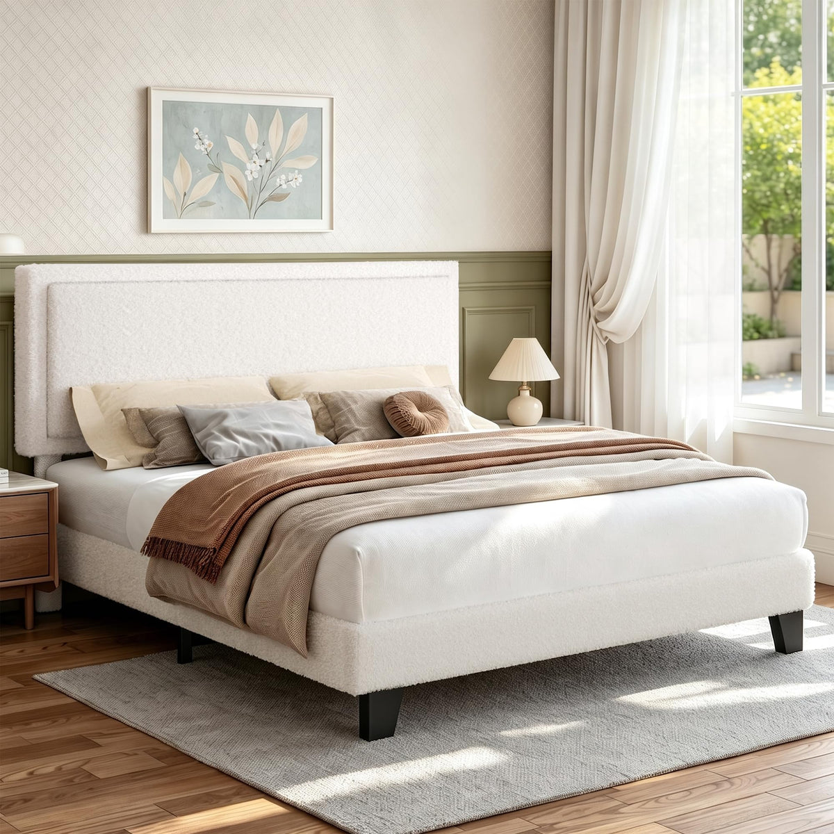 White Queen Size Upholstered Platform Bed Frame with Adjustable Headboard C438