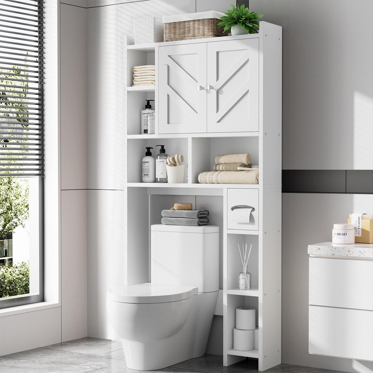 White Over the Toilet Storage Cabinet with Adjustable Shelf I34138