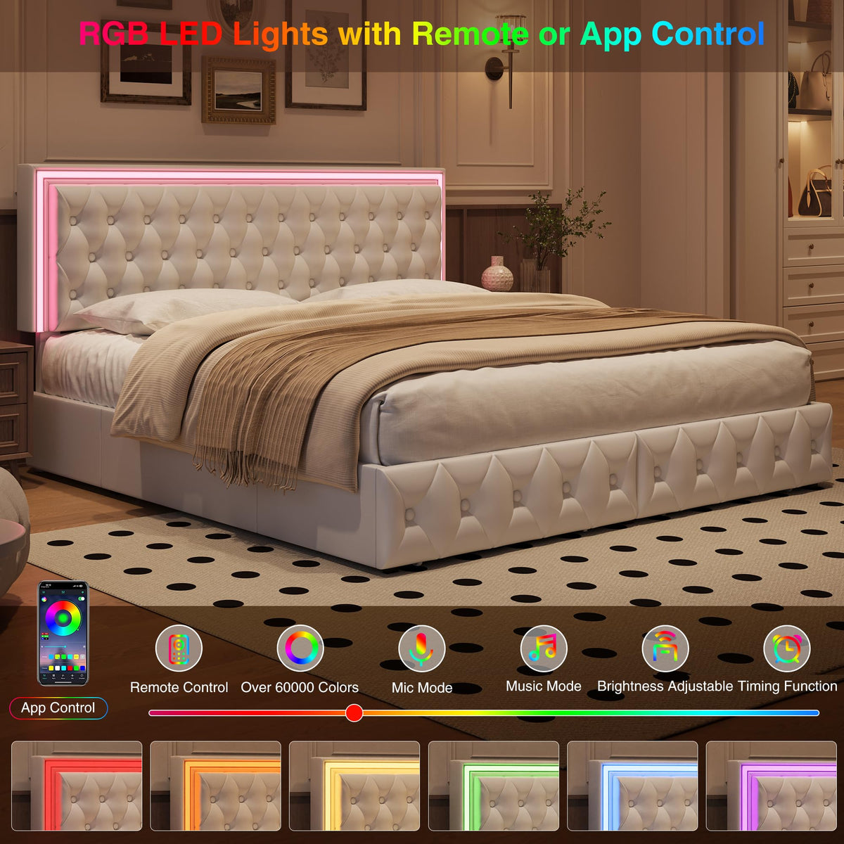 White Full Size LED Bed Frame with 4 Storage Drawers and Adjustable Headboard V934