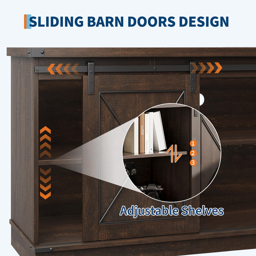 Brown Farmhouse TV Stand with Sliding Barn Doors and Storage Cabinets W564043