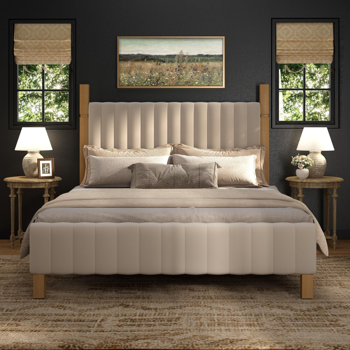 Queen Size Beige Linen Bed Frame with Headboard Q89464