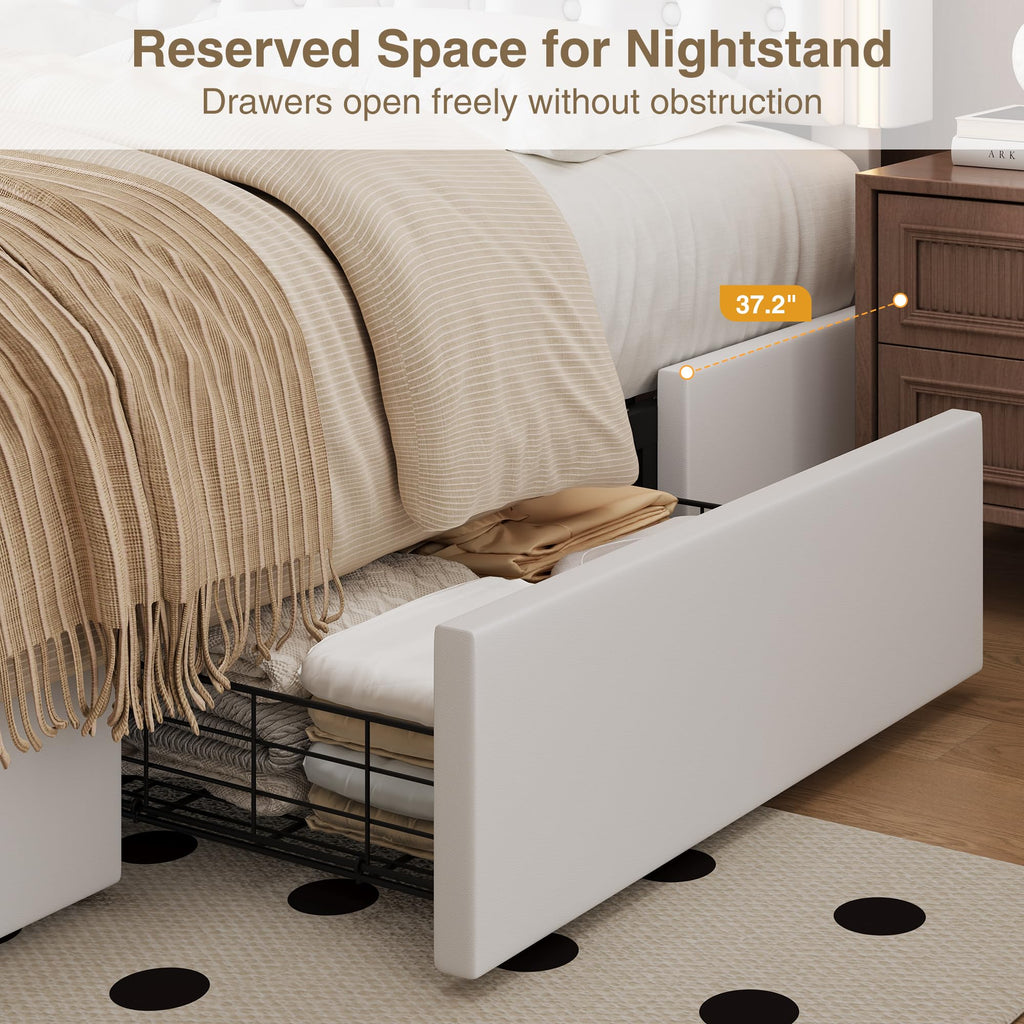 White Full Size LED Bed Frame with 4 Storage Drawers and Adjustable Headboard V934