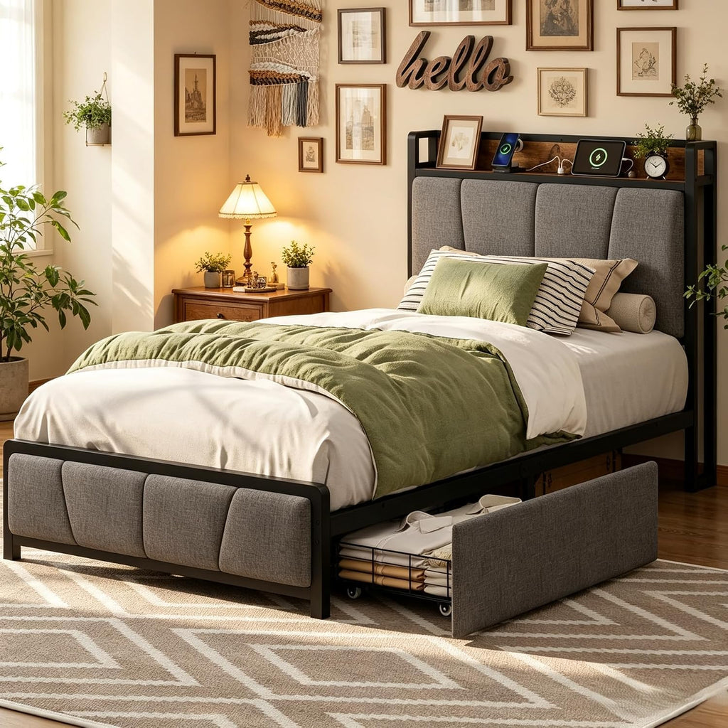 Twin Size Bed Frame with Storage Drawers and Charging Station A367