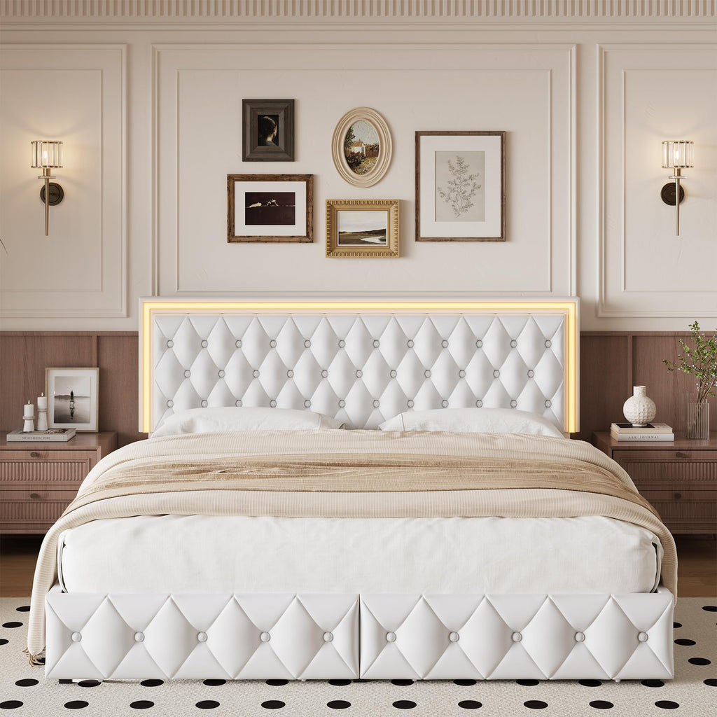 White Full Size LED Bed Frame with 4 Storage Drawers and Adjustable Headboard V934