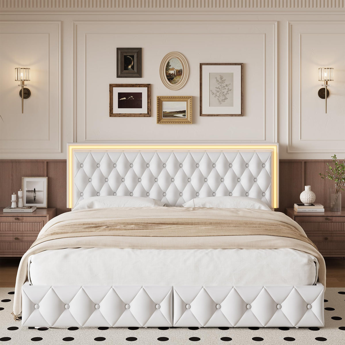 White Full Size LED Bed Frame with 4 Storage Drawers and Adjustable Headboard V934