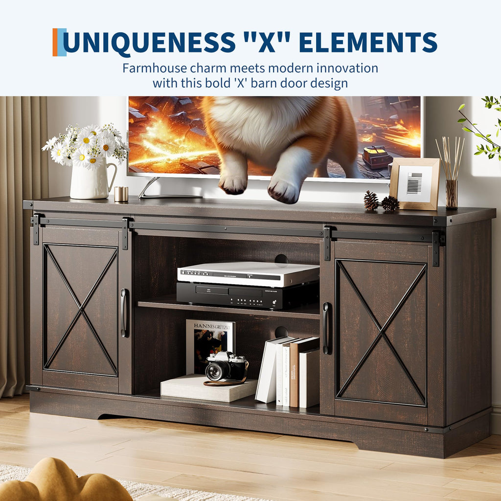 Brown Farmhouse TV Stand with Sliding Barn Doors and Storage Cabinets W564043