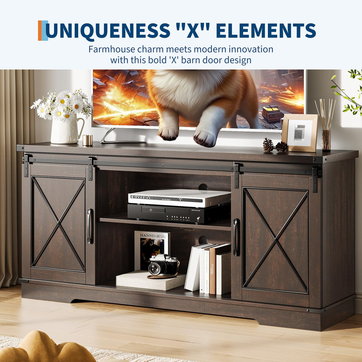 Brown Farmhouse TV Stand with Sliding Barn Doors and Storage Cabinets W564043