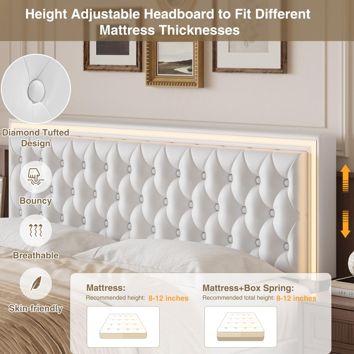 White Full Size LED Bed Frame with 4 Storage Drawers and Adjustable Headboard V934
