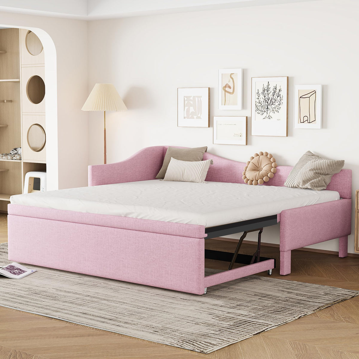 Pink Linen Upholstered Daybed with Pop Up Trundle K2790
