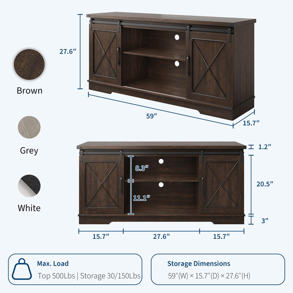 Brown Farmhouse TV Stand with Sliding Barn Doors and Storage Cabinets W564043