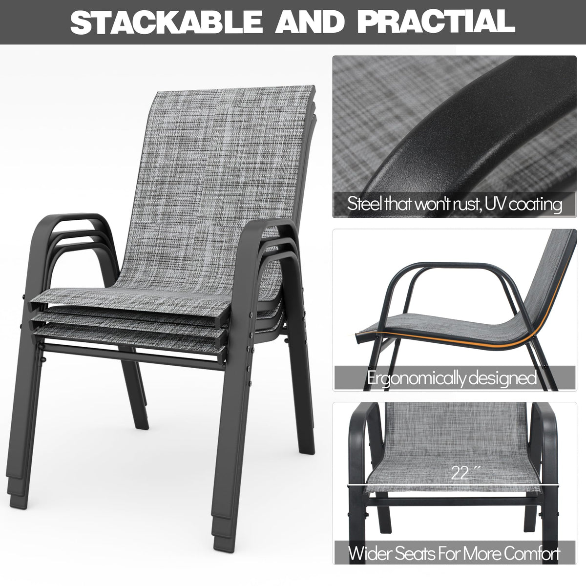 Grey Set of 4 Stackable Textilene Metal Patio Chairs W494040