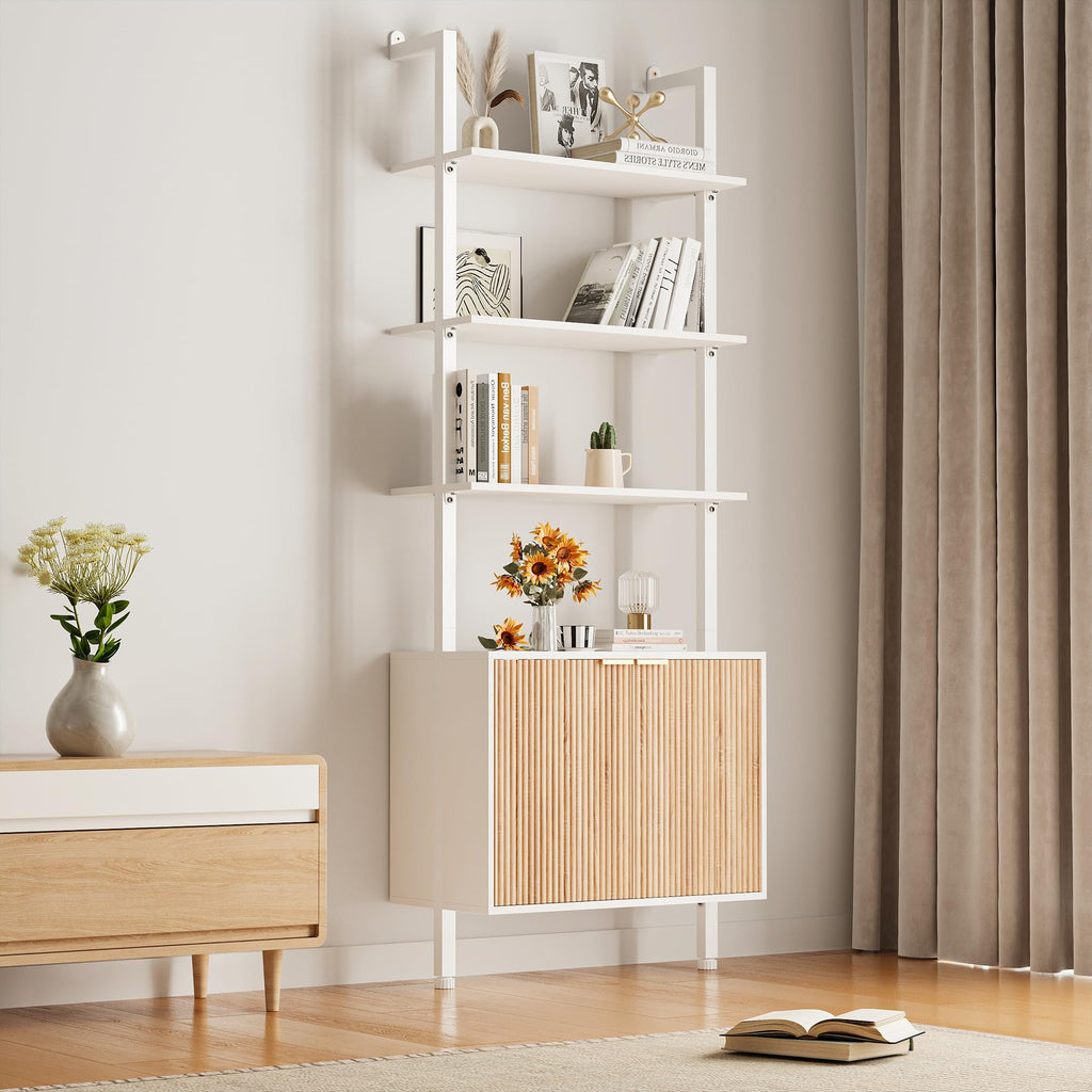 74" Tall White and Oak Bookshelf with Storage Cabinet D75407