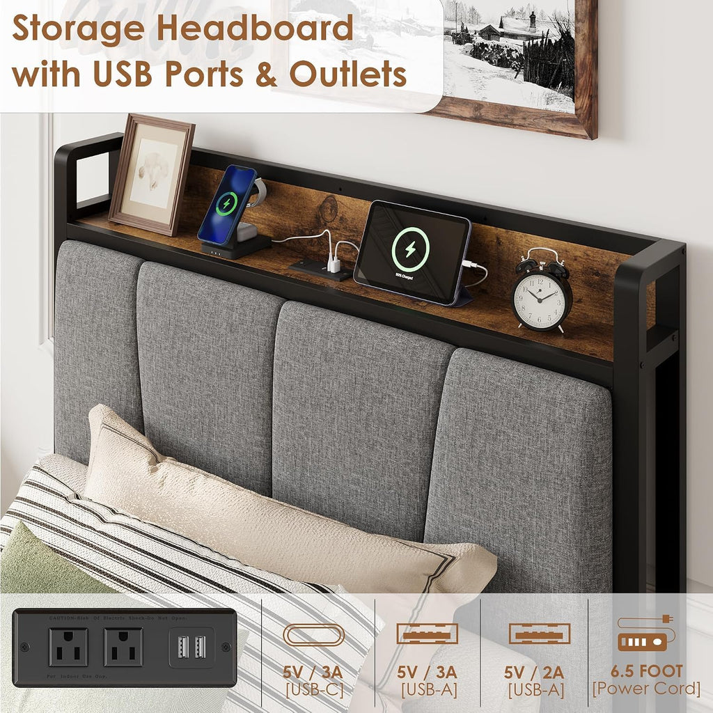 Twin Size Bed Frame with Storage Drawers and Charging Station A367
