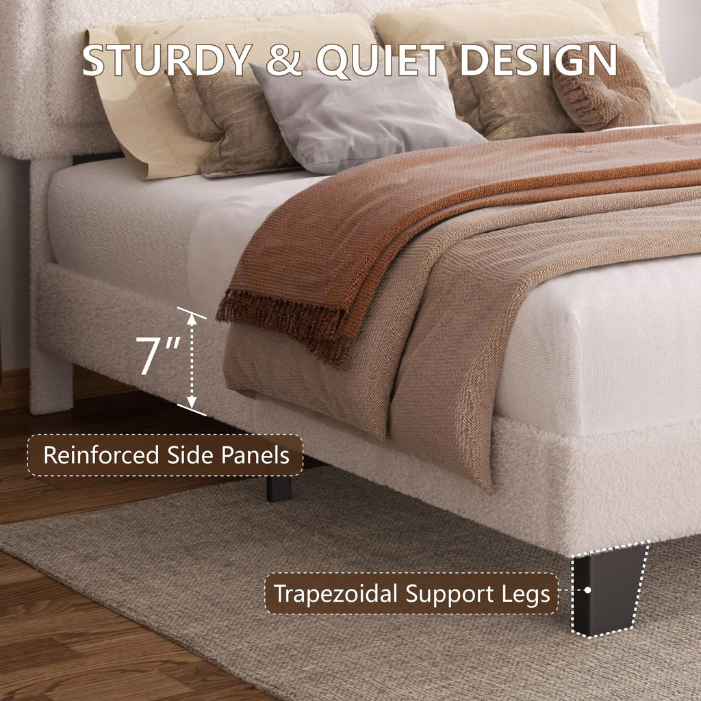 White Queen Size Upholstered Platform Bed Frame with Adjustable Headboard C438