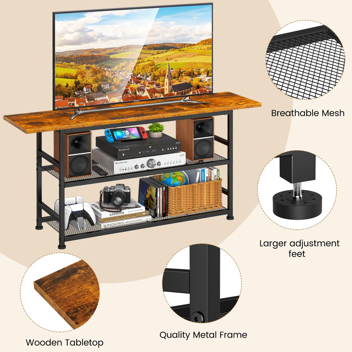Rustic Brown TV Stand up to 55 Inch with 3 Tier Storage Shelves Q9410