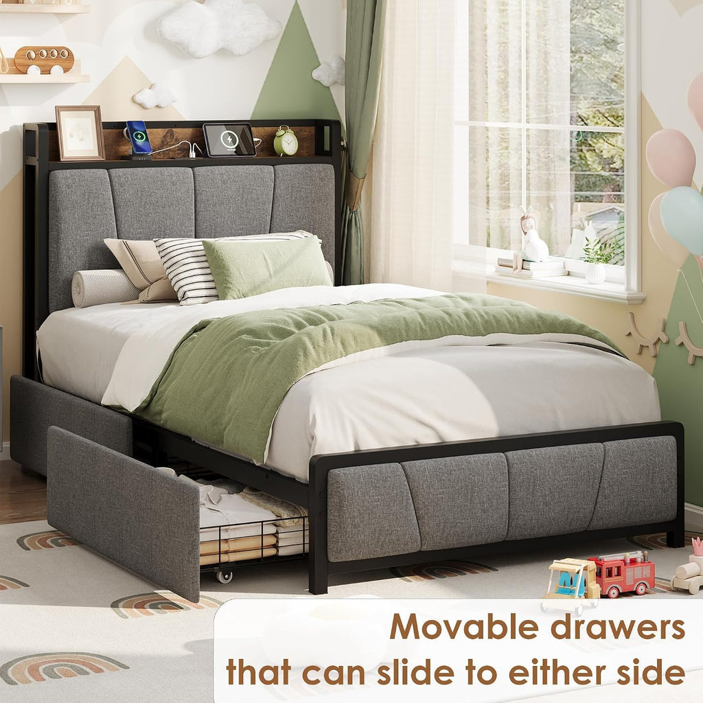 Twin Size Bed Frame with Storage Drawers and Charging Station A367