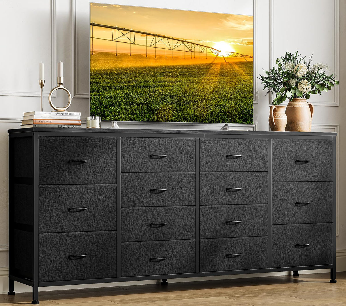 63 Inch TV Stand with 14 Fabric Drawers, Black J170658