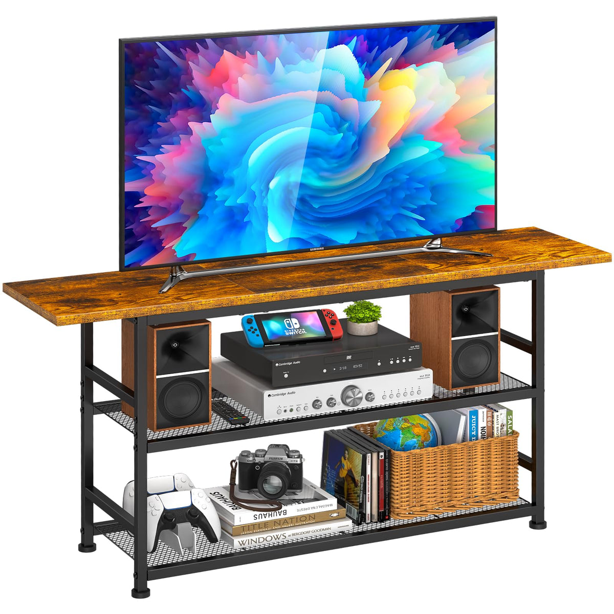 Rustic Brown TV Stand up to 55 Inch with 3 Tier Storage Shelves Q9410
