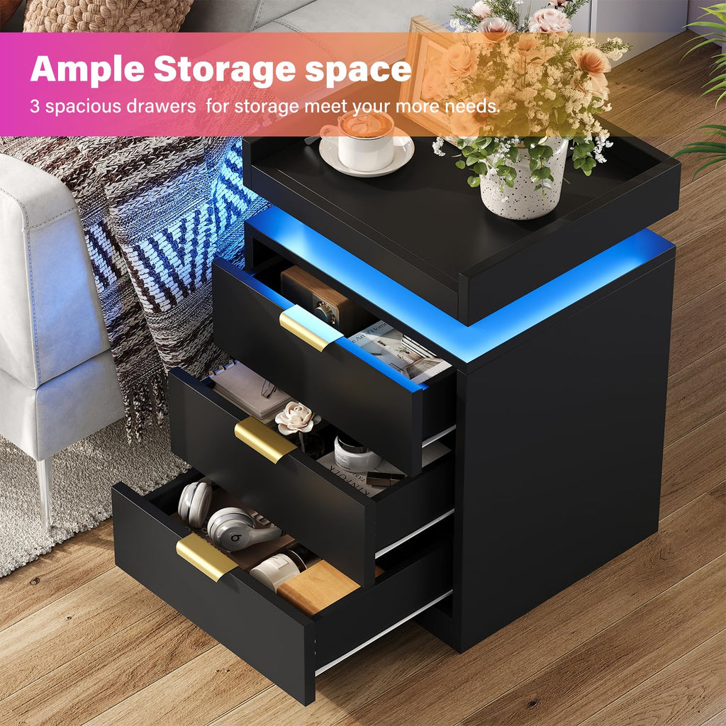 Black 3 Drawer LED Nightstand with Charging Station F836