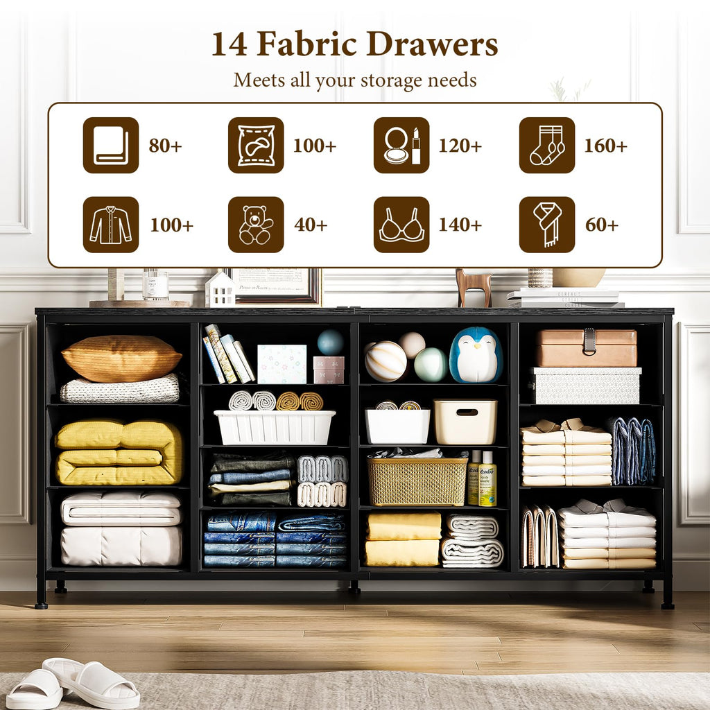 63 Inch TV Stand with 14 Fabric Drawers, Black J170658