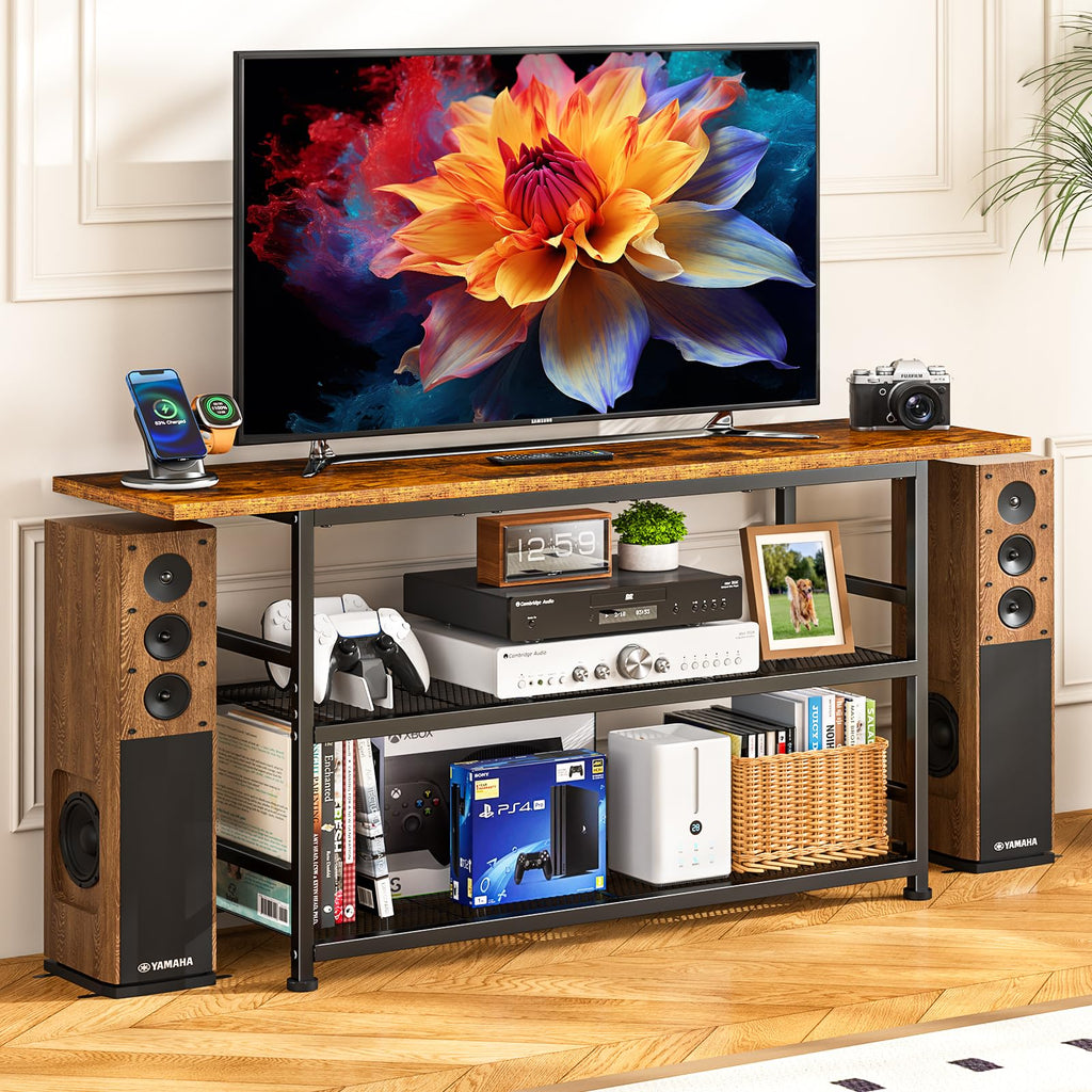 Rustic Brown TV Stand up to 55 Inch with 3 Tier Storage Shelves Q9410