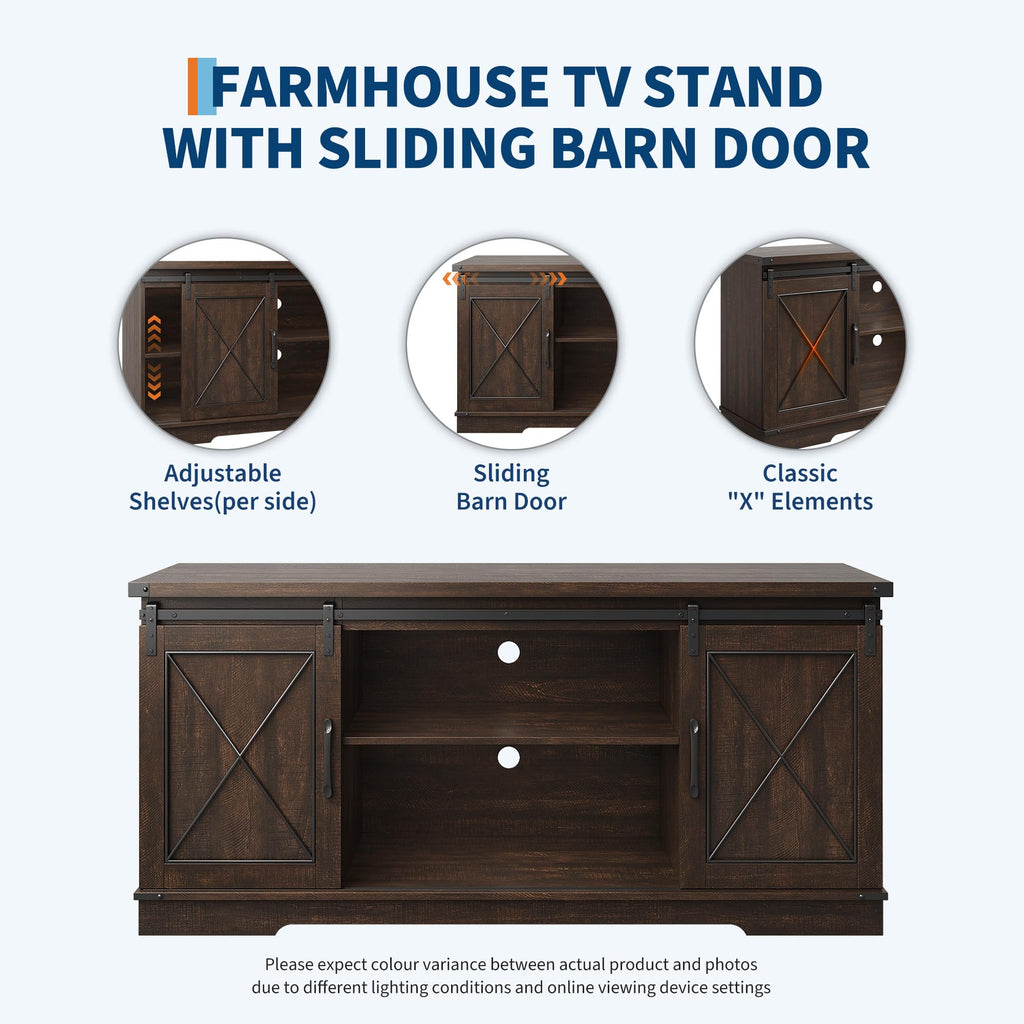 Brown Farmhouse TV Stand with Sliding Barn Doors and Storage Cabinets W564043