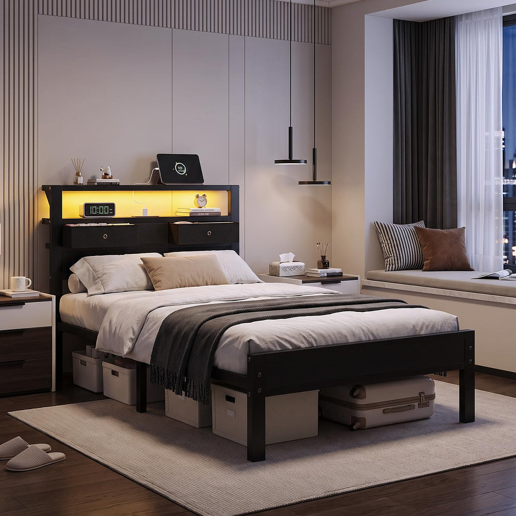 Twin Size Bed Frame with Storage Headboard and 2 Drawers V558