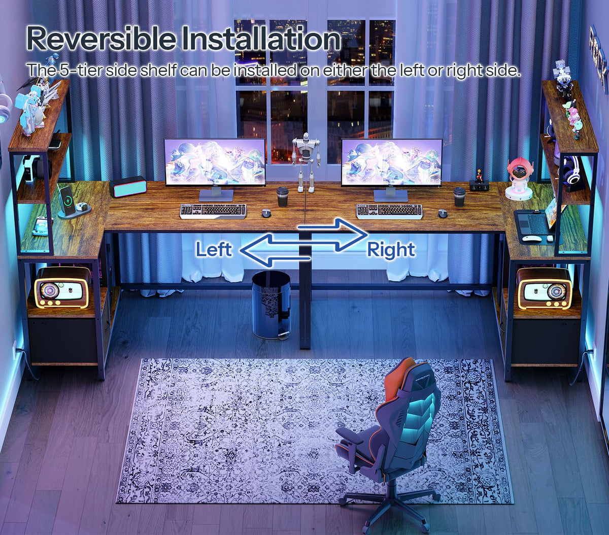 46 Inch Reversible Computer Desk with LED Light & Power Outlet H8917